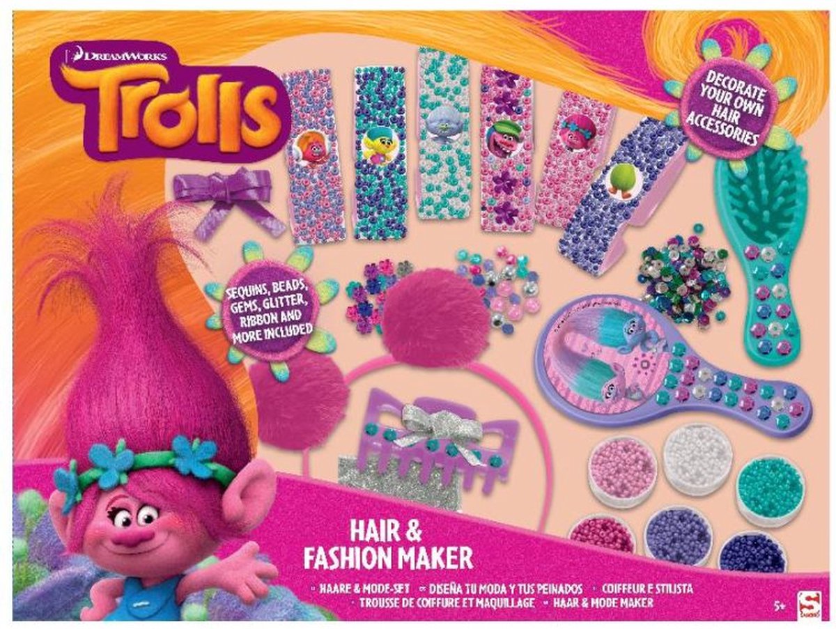 Trolls Haar en Modeset voor Kinderen – 40x30x8cm | Set met Haarborstel Spiegel Haarband en Clip | Knutselpakket Trollz